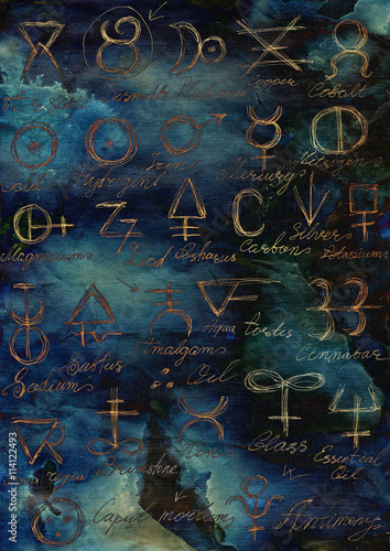 Mystic background with shining alchemic signs and symbols