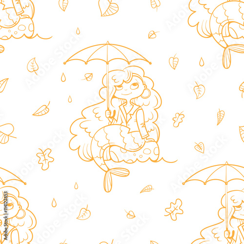 Seamless pattern with cute cartoon mermaids under umbrellas on white background. Autumn season and  leaves fall. Children s illustration. Beautiful girls. Vector contour image.