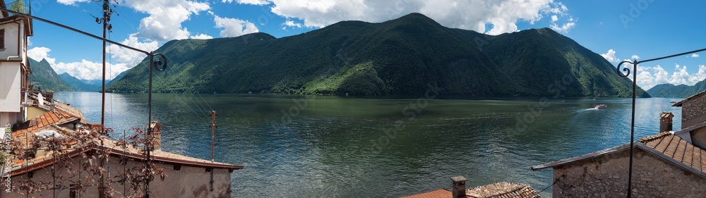 Panoramic view of Lake Lugano from Gandria. Lugano Ticino Switzerland Panoramic view of Lake Lugano from Gandria. Lugano Ticino Switzerland
