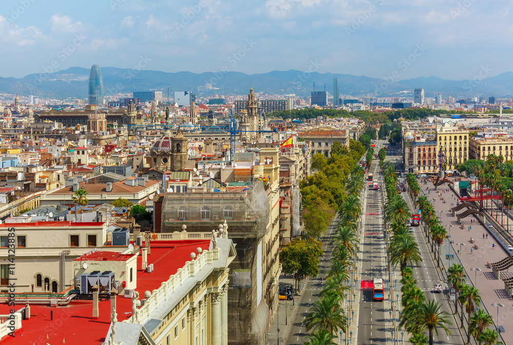 Aerial view over Passeig de Colom or Columbus avenue from Christopher Columbus monument in Barcelona, Catalonia, Spain
