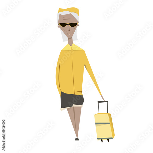 Cartoon old travel woman with bag in sunglasses isolated over wh