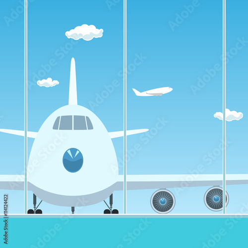 View on Airplane through the Window from a Waiting Room , Travel Concept, Flat Design, Vector Illustration