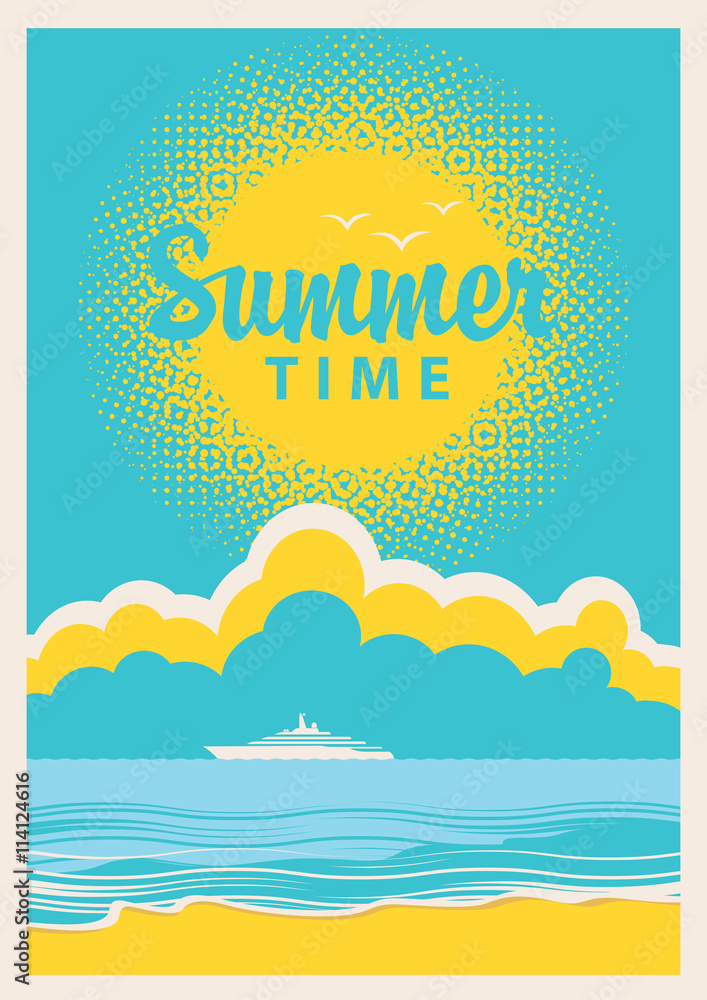 Travel banner with the sea, sun, beach and the word summer time