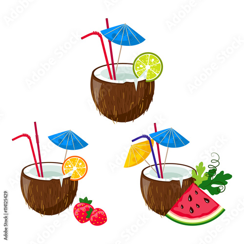 Set of isolated colorful of tropical coconuts cocktails. Vector illustration