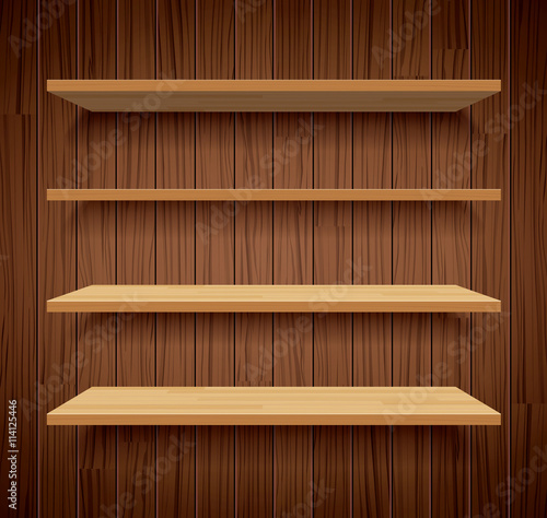 wood bookshelves on brown wood wall background flat design