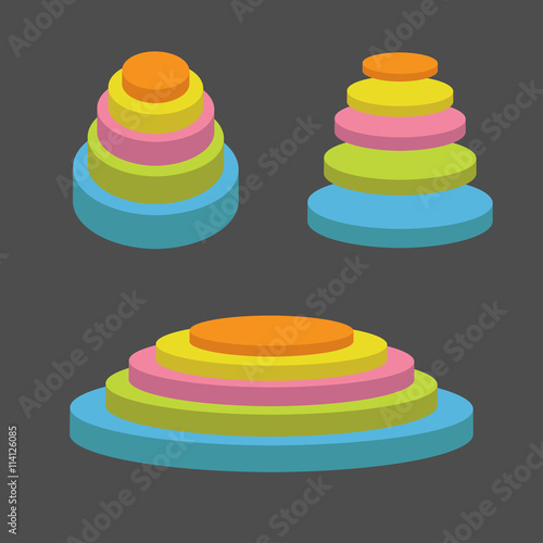 Colorful round stage podium set. Empty pedistal for display. 3d realistic platform for design. Isolated. Black background. Template. Flat design.