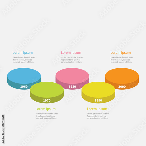 Five step Timeline horizontal round colorful stage podium segment Infographic with text. Template. White background. Isolated. Flat design style.