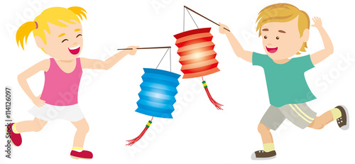 Smiling Kids playing the Chinese lanterns illustration