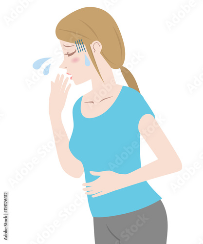 young woman and nausea, morning sickness, vector illustration