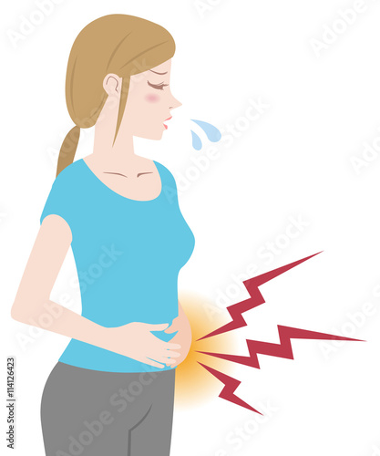 young woman who have a stomachache or period pain, illustration like handwriting