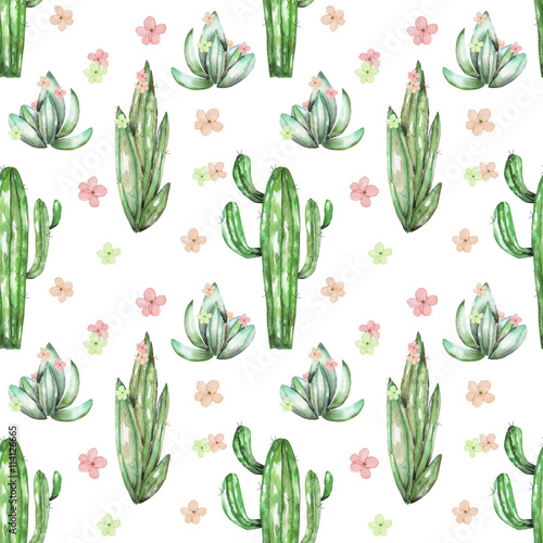 A seamless pattern with the watercolor various kinds of cactuses and flowers, hand drawn on a white background