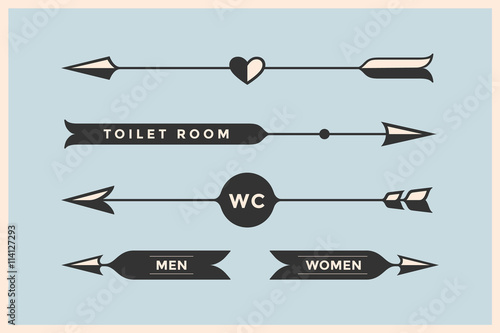 Set of vintage arrows and banners with inscription WC, Toilet room, Woman and Man. Design elements in retro style arrow signs on color background. Vector Illustration