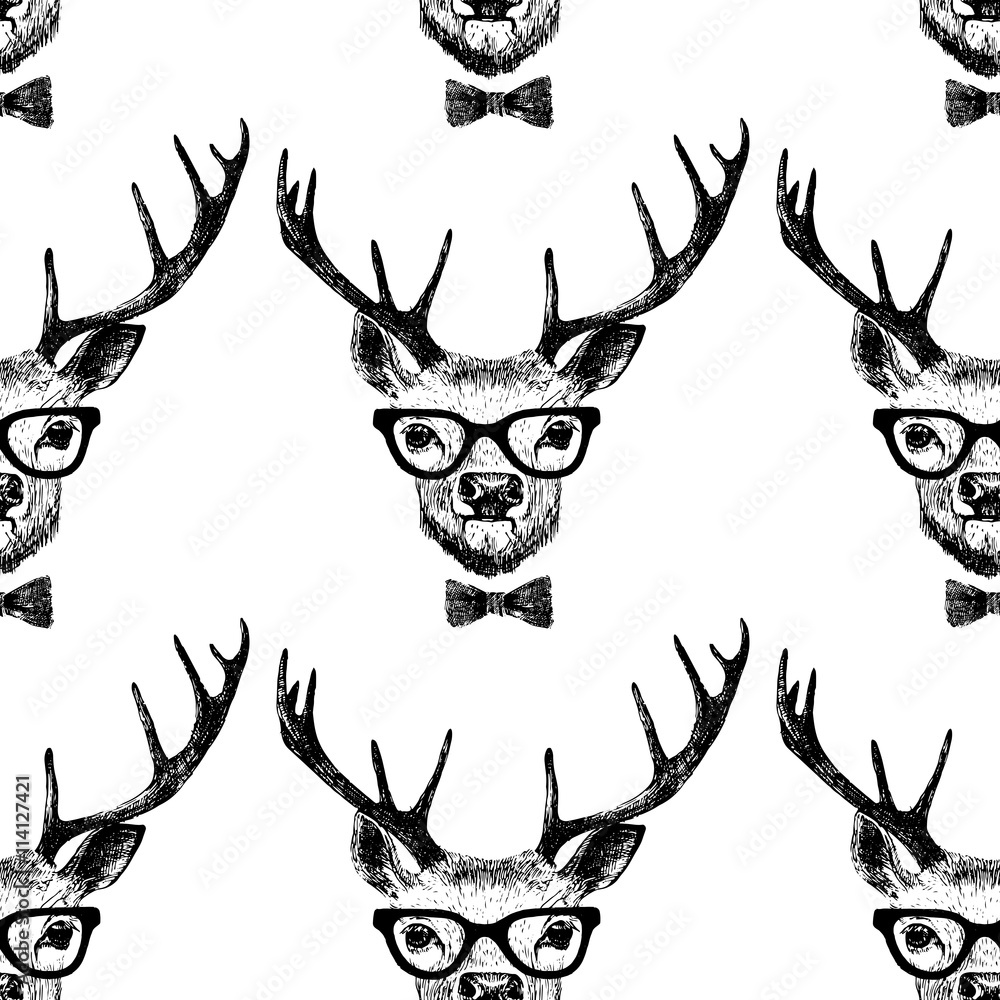 Obraz premium Seamless with hand drawn dressed up deer 