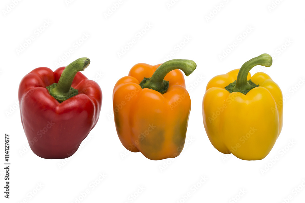 Fresh multicolored peppers standing together on isolated background Fresh multicolored peppers standing together on isolated background