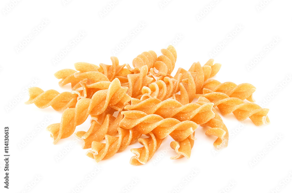 Fototapeta premium Heap of fusilli - traditional italian pasta isolated on white background. Design element for bakery product label, catalog print, web use.
