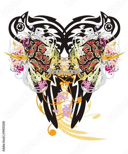 Grunge tribal dove symbol. Colorful floral splashes in dove couple which wings are formed by the wolf heads in Haida style design