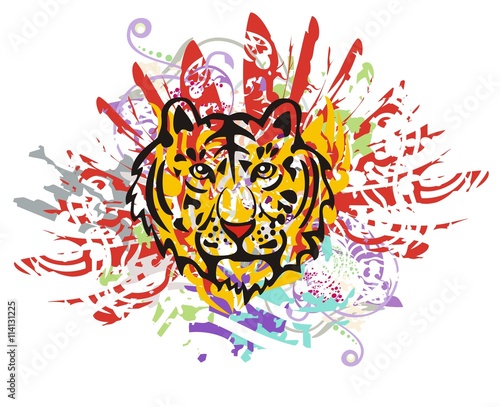 Fototapeta Naklejka Na Ścianę i Meble -  Grunge tiger head with red feathers. Tribal tiger head with colorful splashes