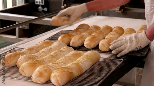 Taking out hot fresh baguettes to the iron tray. Manufacture of bread