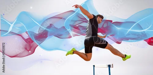 Fototapeta Złożony wizerunek sportowej kobiety przedstawienia ćwiczy doskakiwanie