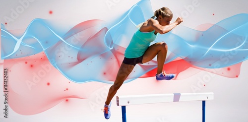 Composite image of athlete woman jumping a hurdle