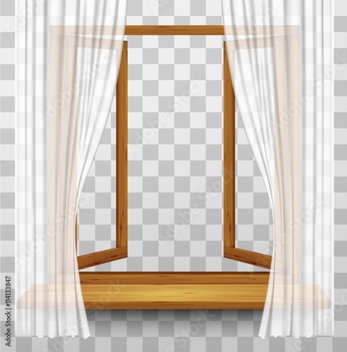 Wooden window frame with curtains on a transparent background. V