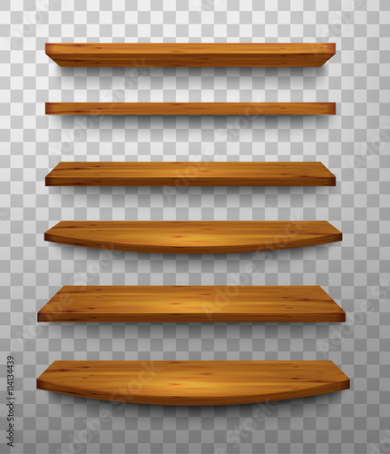 Set of wooden shelves on a transparent background. Vector.