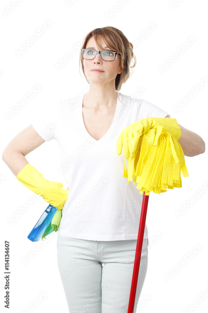 Ready for cleaning. Housekeeper standing against white background. Ready for cleaning. Housekeeper standing against white background.