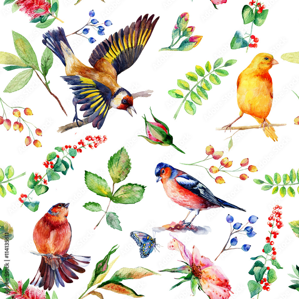 Seamless pattern with flowers, leaves, and birds. Watercolor flowers ...