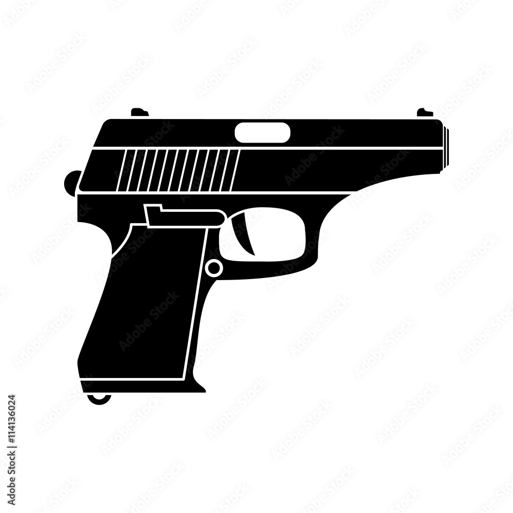 Classic pistol. Vector simple black icon. Old handgun silhouette. Flat style for web and mobile.