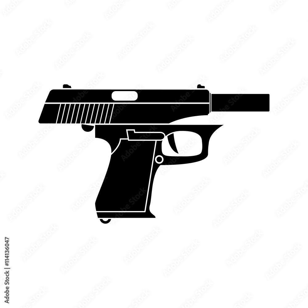 Classic dolled pistol. Vector simple black icon. Old handgun silhouette. Flat style for web and mobile.