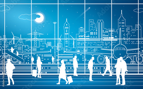 Airport terminal, airport panorama, aircraft on runway, airplane takeoff, people expect flight,  city infrastructure on background, vector design art