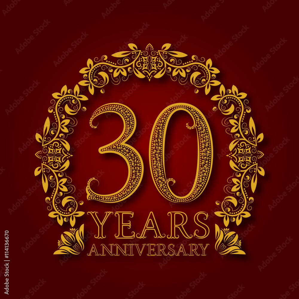 Golden emblem of thirtieth years anniversary. Celebration patterned logotype with shadow on red. Golden emblem of thirtieth years anniversary. Celebration patterned logotype with shadow on red.