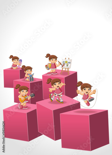 3d cubes with happy cartoon girl playing. Sports and toys. Infographic design.