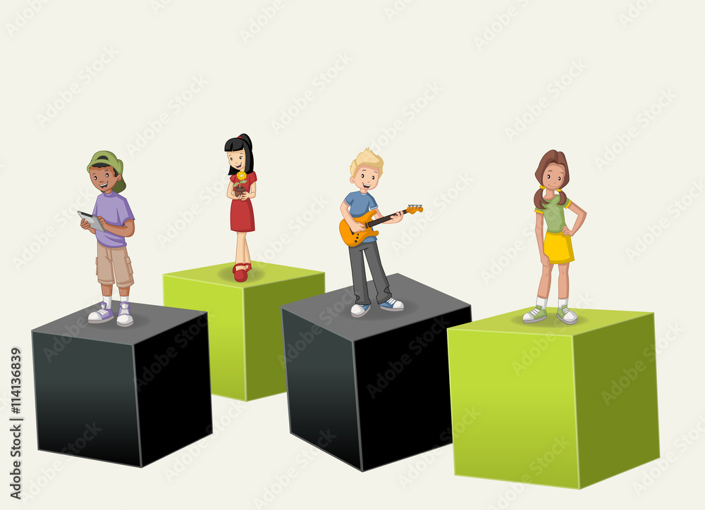 Obraz premium 3d cubes with cartoon teenagers. Infographic design.