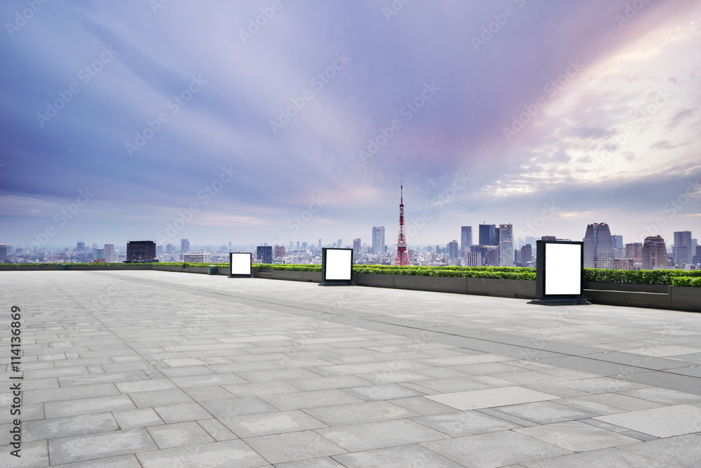 empty street with cityscape and skyline of tokyo in romance sky