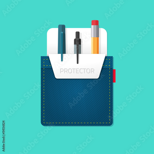 Pocket jeans with denim pocket protector with pens, pencils flat modern symbol, abstract bag, stationery shop emblem concept, office supplies, design vector illustration isolated on green background