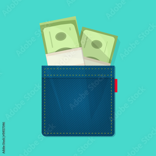 Jeans pocket with pile of paper money, concept of wallet, bag with cash heap, income, benefit, expenses, allowance savings, good success deal flat cartoon modern design vector illustration isolated