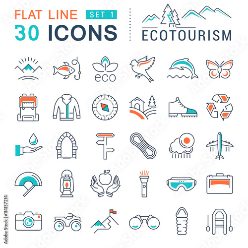 Set Vector Flat Line Icons Ecotourism
