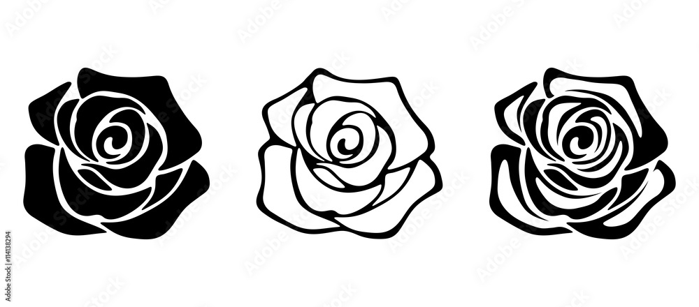Naklejka premium Zestaw trzech wektor czarne sylwetki kwiatów róży na białym tle.