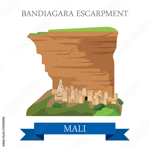Bandiagara Escarpment in Mali. Flat historic vector illustration