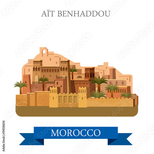 Aït Benhaddou in Marocco. Flat cartoon vector illustration