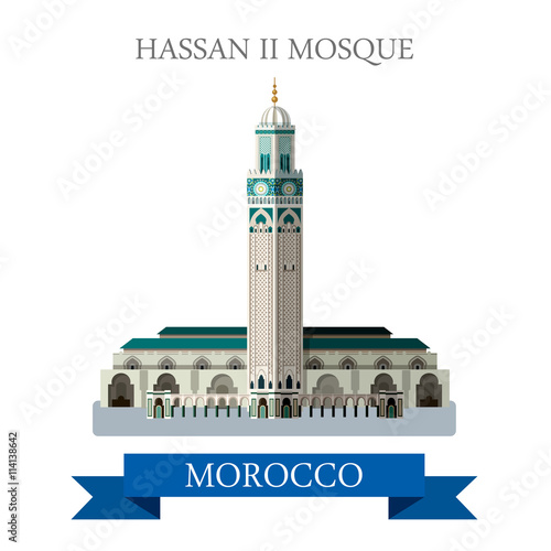 Hassan II Mosque in Morocco. Flat cartoon vector illustration