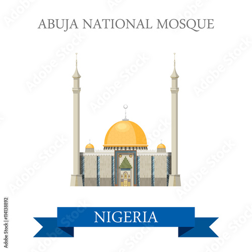 Abuja National Mosque Nigeria. Flat historic vector illustration