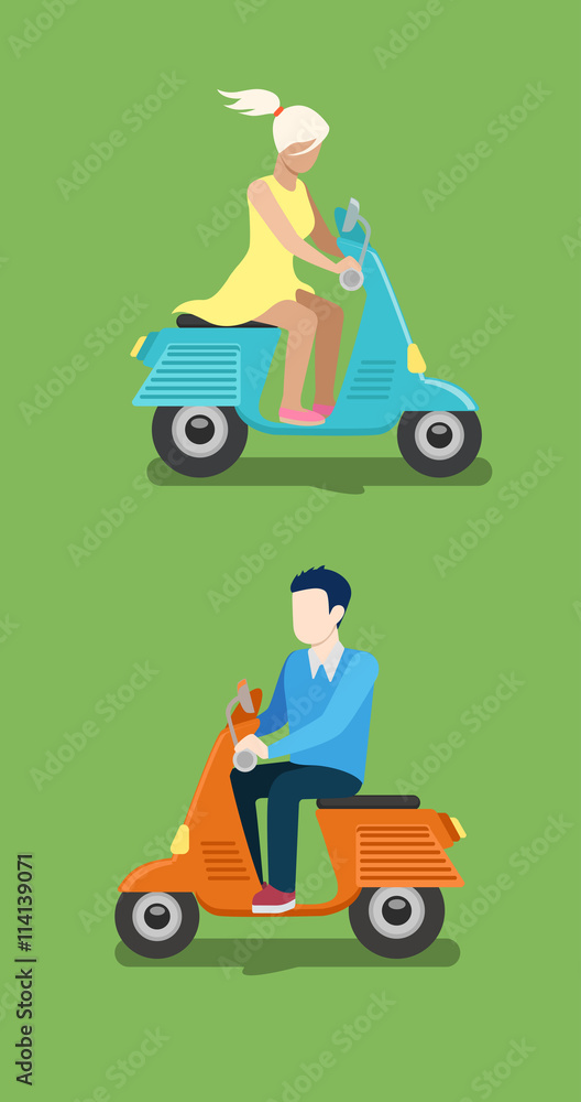 People riding moped vector creative flat design illustration