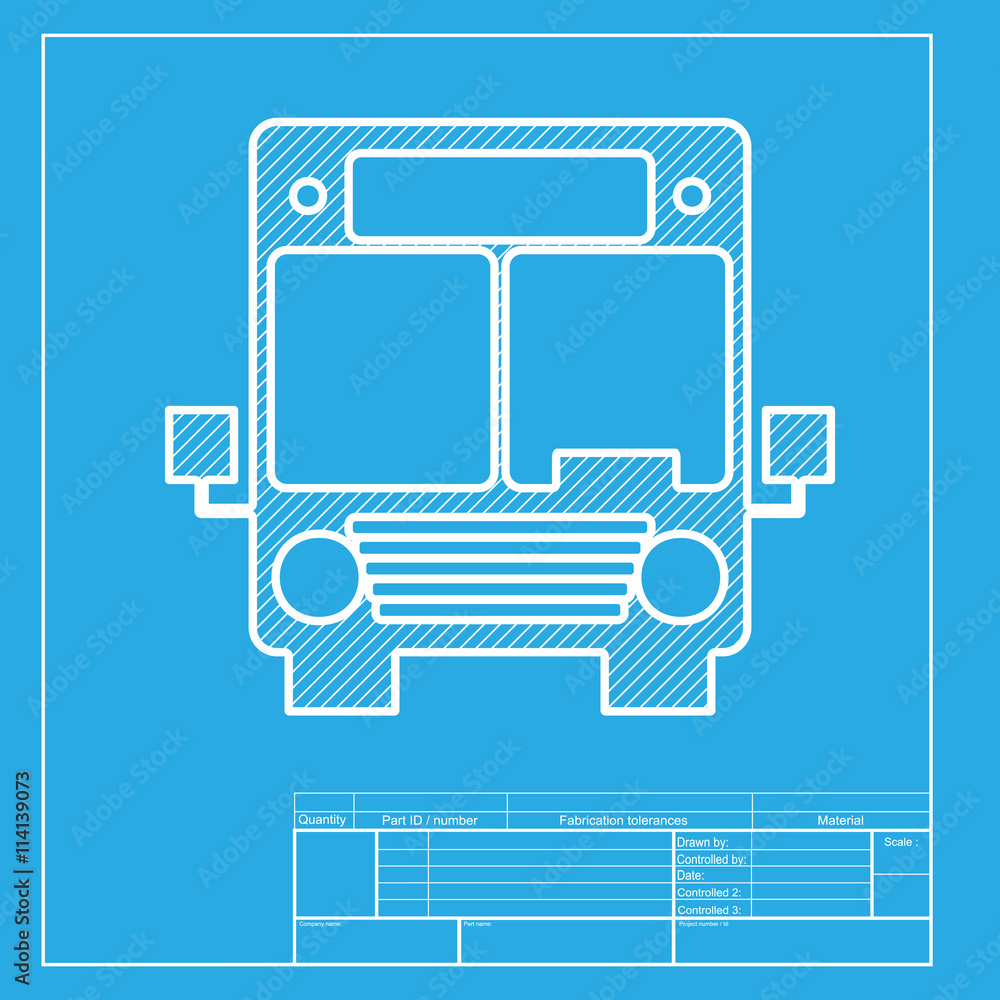 Bus sign illustration. White section of icon on blueprint template.