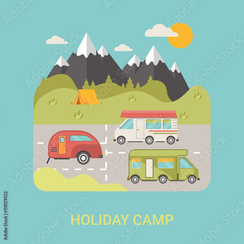 Bus Camp station vector flat style illustration logo flyer © Sentavio