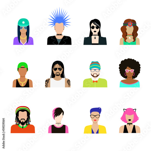 Subculture concept vector icon set. Man woman life illustration.