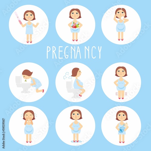 vector illustration signs of pregnancy symptoms - toxemia of pregnancy, swelling, emotional instability, stomach problems. mom and baby. isolated on white background