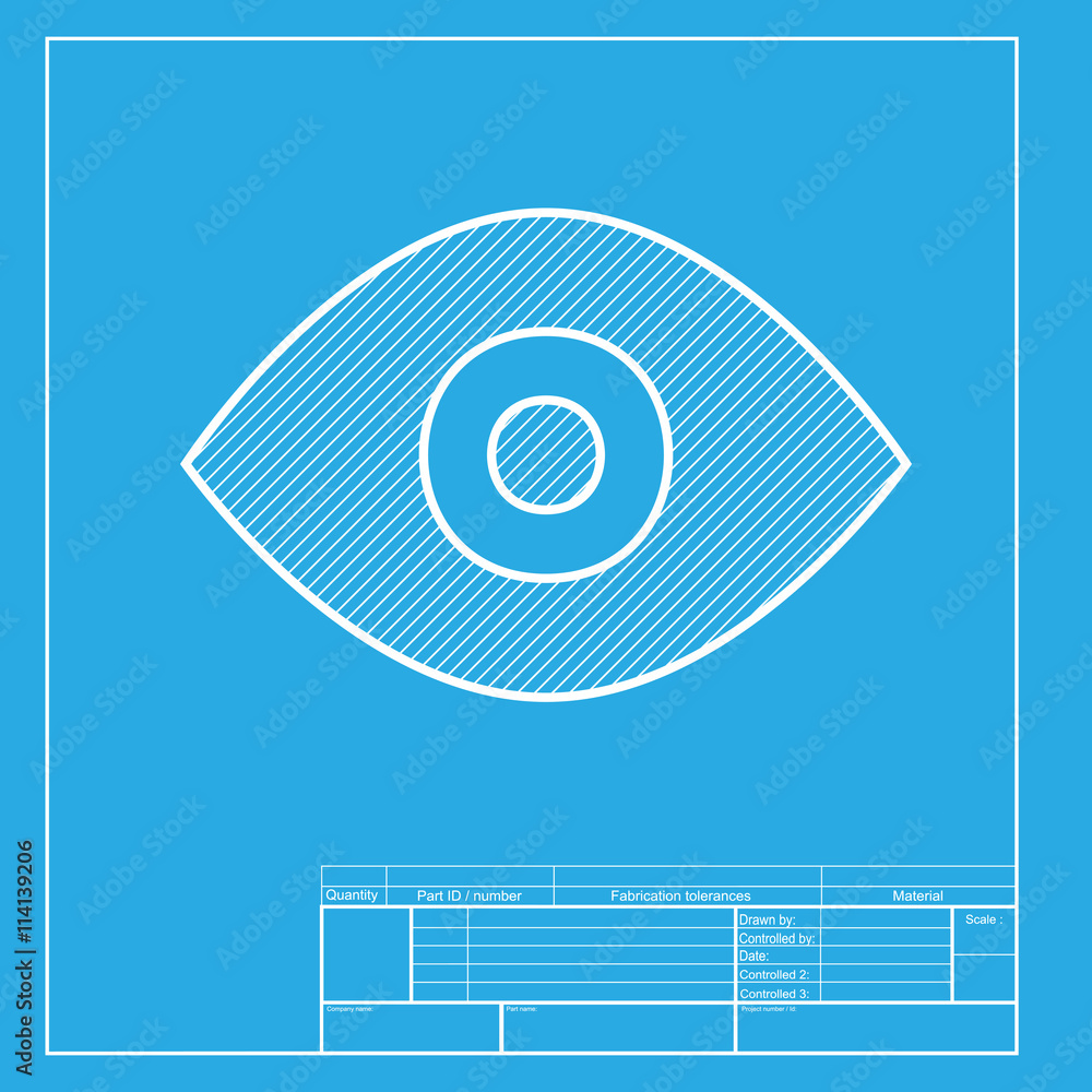 Eye sign illustration. White section of icon on blueprint template.