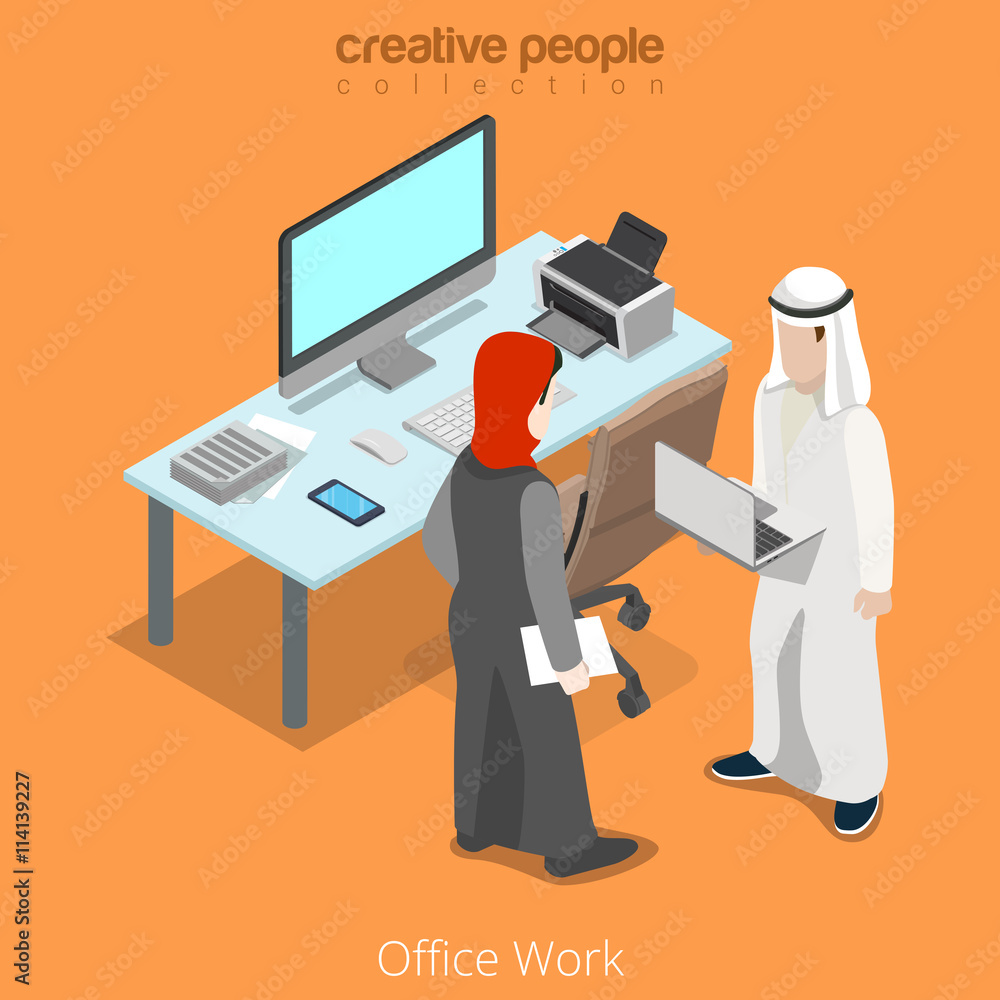 Isometric arabic islamic business office work vector place Isometric arabic islamic business office work vector place